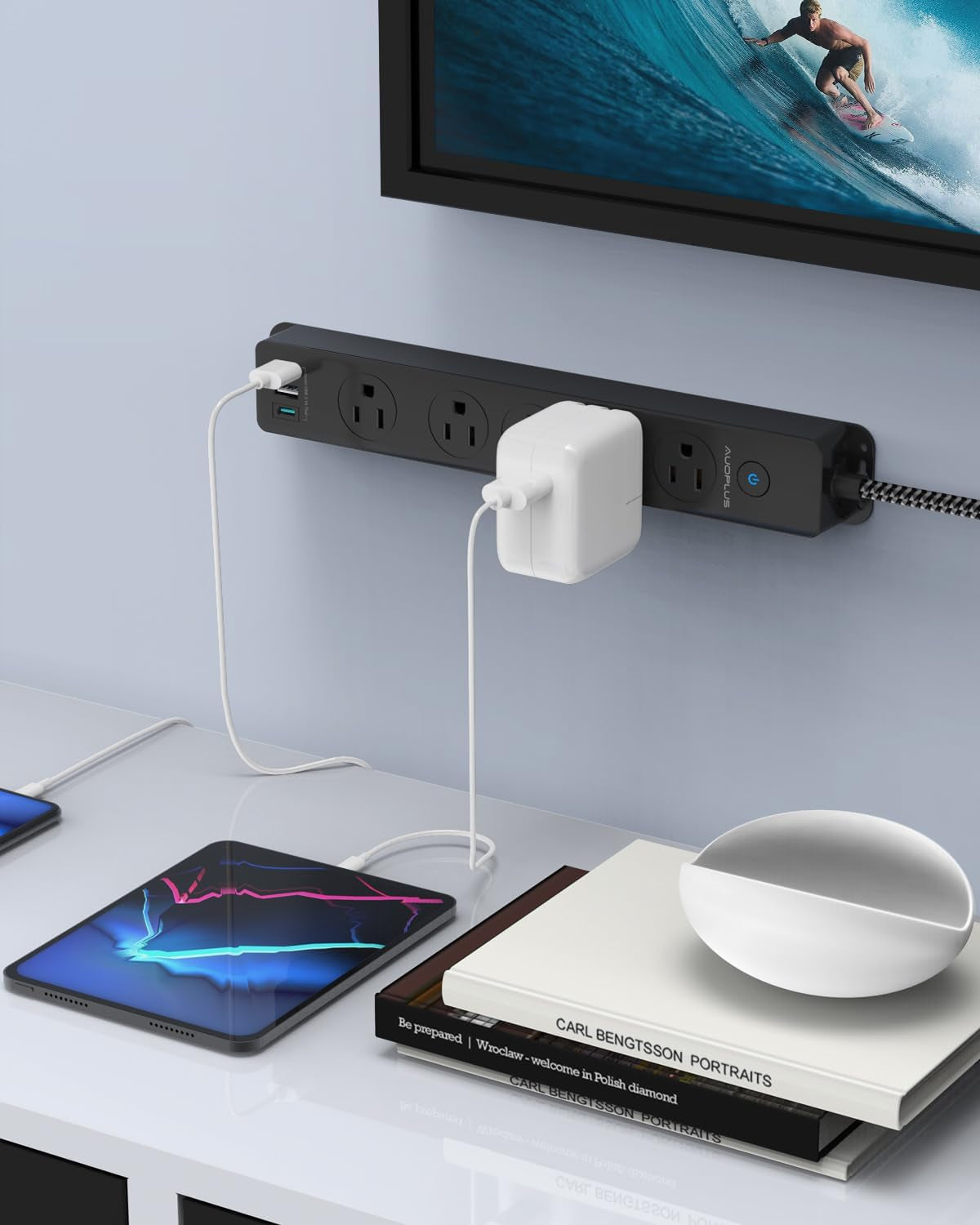 Surge Protector Power Strip with USB C Ports, 5FT Braided Extension Cord, 5 Outlets and 3 USB Ports(1 USB C), Mountable Power Strips Flat Plug with Overload Protection | 5 Outlets and 3 USB Ports(1 USB C), Mountable Power Strips Flat Plug with Overload Protection for Home, Dorm, Office