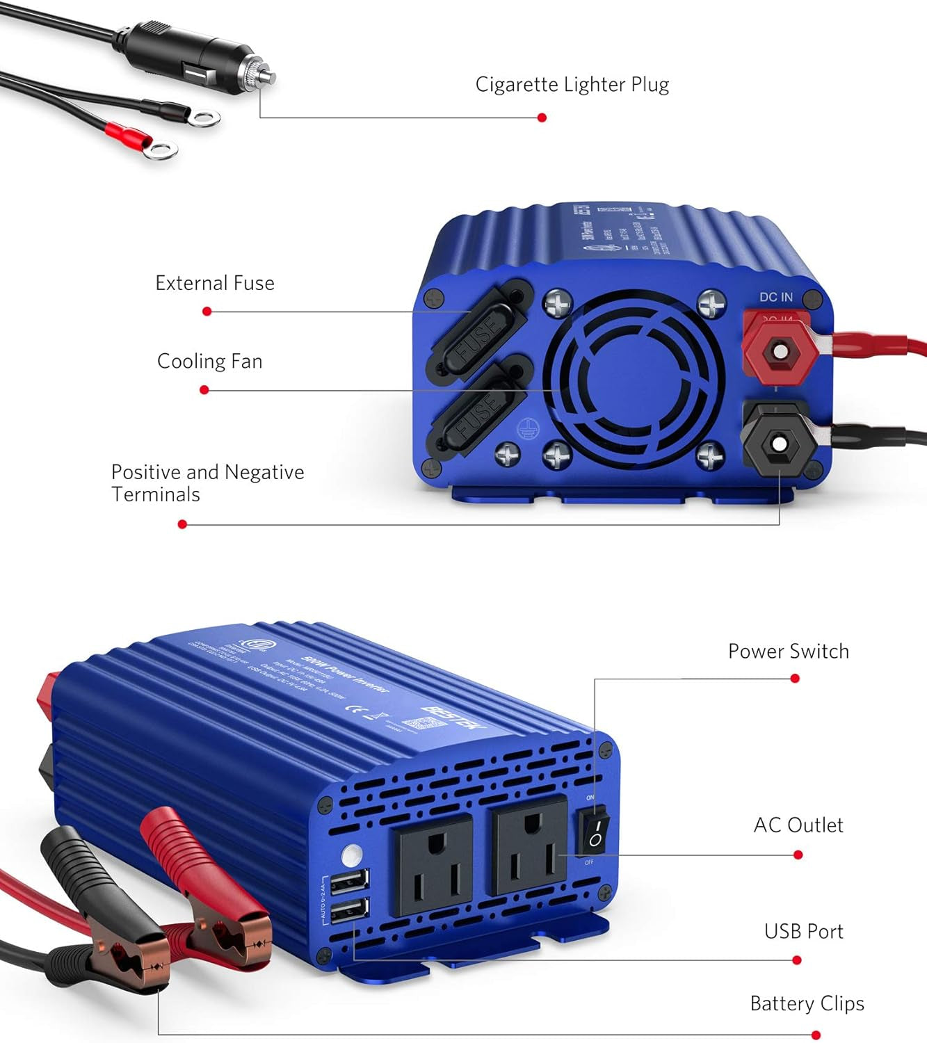 500W Power Inverter for Vehicles DC 12V to AC 110V Car Plug Adapter | 4.8A Dual USB Ports, Dual AC Outlets, Alligator Battery Clamp, Car Charger Adapter for Phone/Laptop/Road Trip