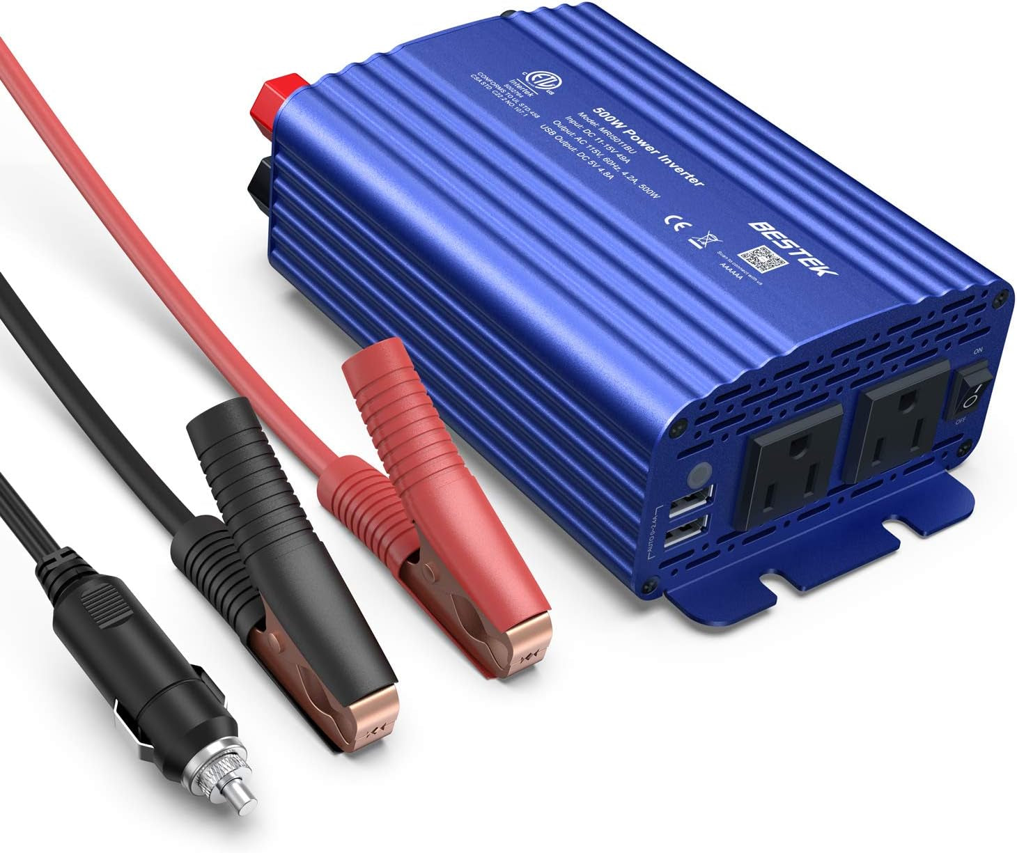 500W Power Inverter for Vehicles DC 12V to AC 110V Car Plug Adapter | 4.8A Dual USB Ports, Dual AC Outlets, Alligator Battery Clamp, Car Charger Adapter for Phone/Laptop/Road Trip