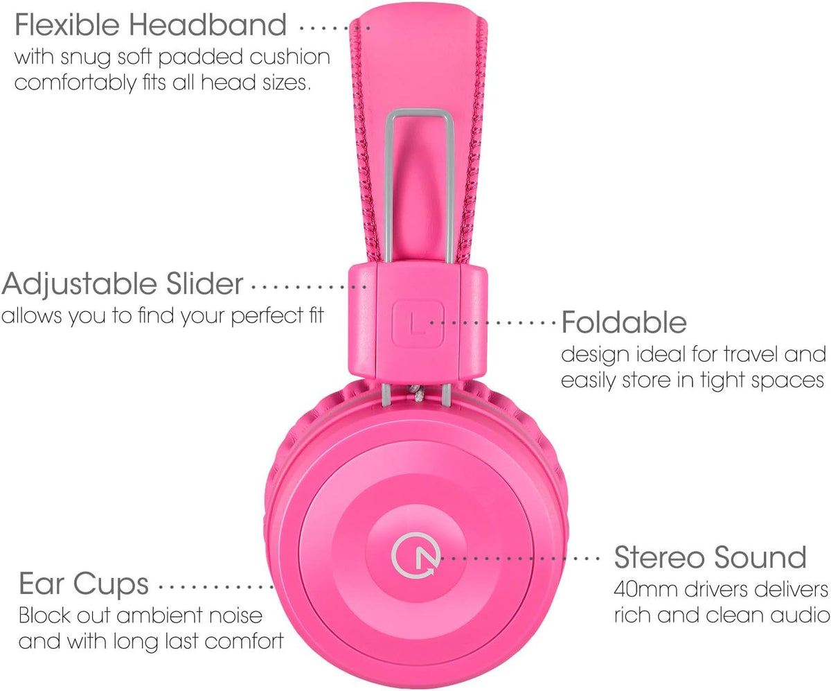 K22 Kids Headphones Wired 3.5Mm Jack, Foldable, Flamingo Pink | Stereo Tangle-Free 5Ft Long Cord, Plug-In, On-Ear Headset for Children, Boys, Girls, Ipad, School, Kindle, Travel, Plane