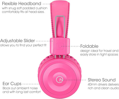 K22 Kids Headphones Wired 3.5Mm Jack, Foldable, Flamingo Pink | Stereo Tangle-Free 5Ft Long Cord, Plug-In, On-Ear Headset for Children, Boys, Girls, Ipad, School, Kindle, Travel, Plane