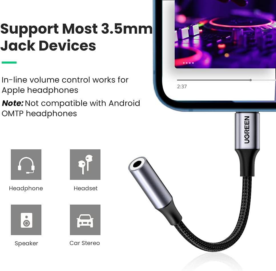 UGREEN Headphone Adapter for Iphone Lightning to 3.5Mm Mfi Certified, Grey | Apple Mfi Certified Aux Jack Dongle Cable, Compatible with Iphone 14 Pro Max/14 Plus/13 12 11 Pro Max/Se/Xs, Aluminum Shell