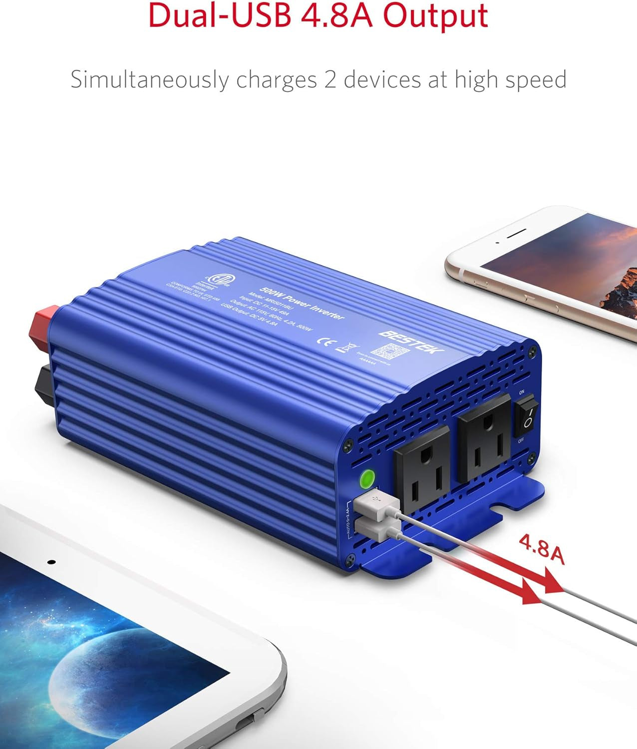 500W Power Inverter for Vehicles DC 12V to AC 110V Car Plug Adapter | 4.8A Dual USB Ports, Dual AC Outlets, Alligator Battery Clamp, Car Charger Adapter for Phone/Laptop/Road Trip