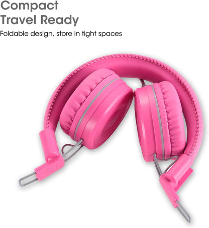 K22 Kids Headphones Wired 3.5Mm Jack, Foldable, Flamingo Pink | Stereo Tangle-Free 5Ft Long Cord, Plug-In, On-Ear Headset for Children, Boys, Girls, Ipad, School, Kindle, Travel, Plane